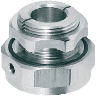 A metallic cable gland nut with internal threading and a sealing ring