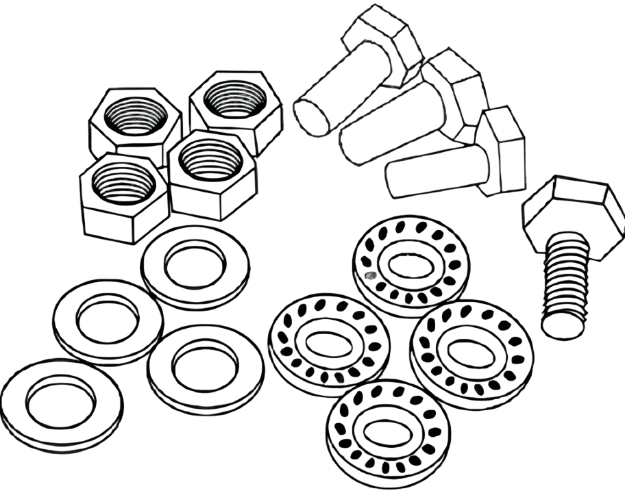 A collection of bolts, nuts, flat washers, and lock washers