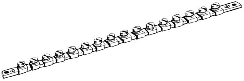 A black-and-white line drawing of a grounding busbar with multiple connection points