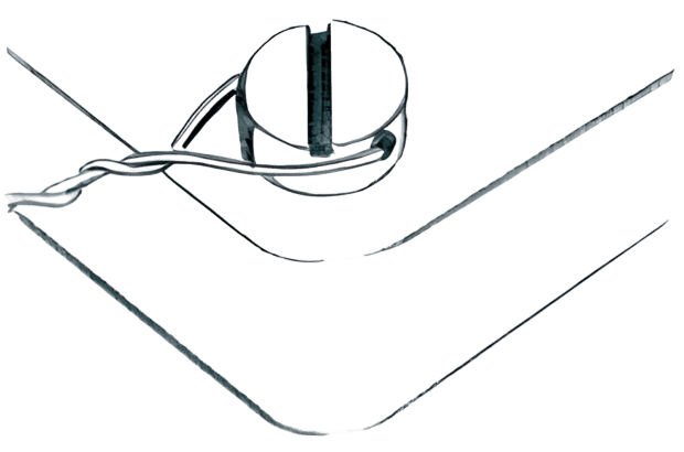 A black-and-white line drawing of a lid bolt with sealing wire for an aluminum box