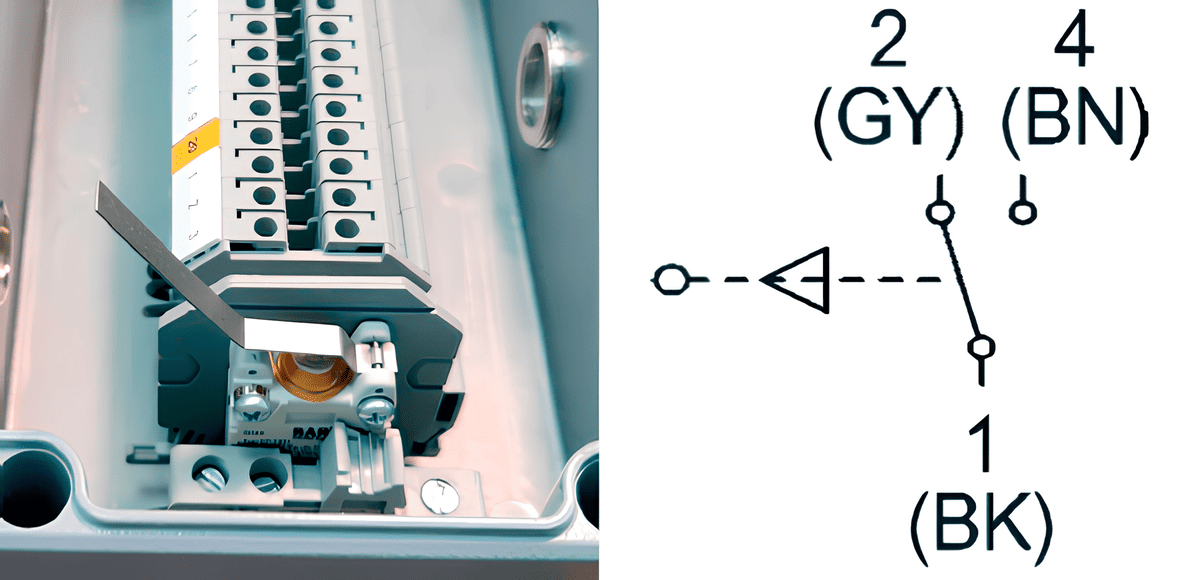 A photo and schematic of a lid opening sensor in an electrical box with terminal block connections