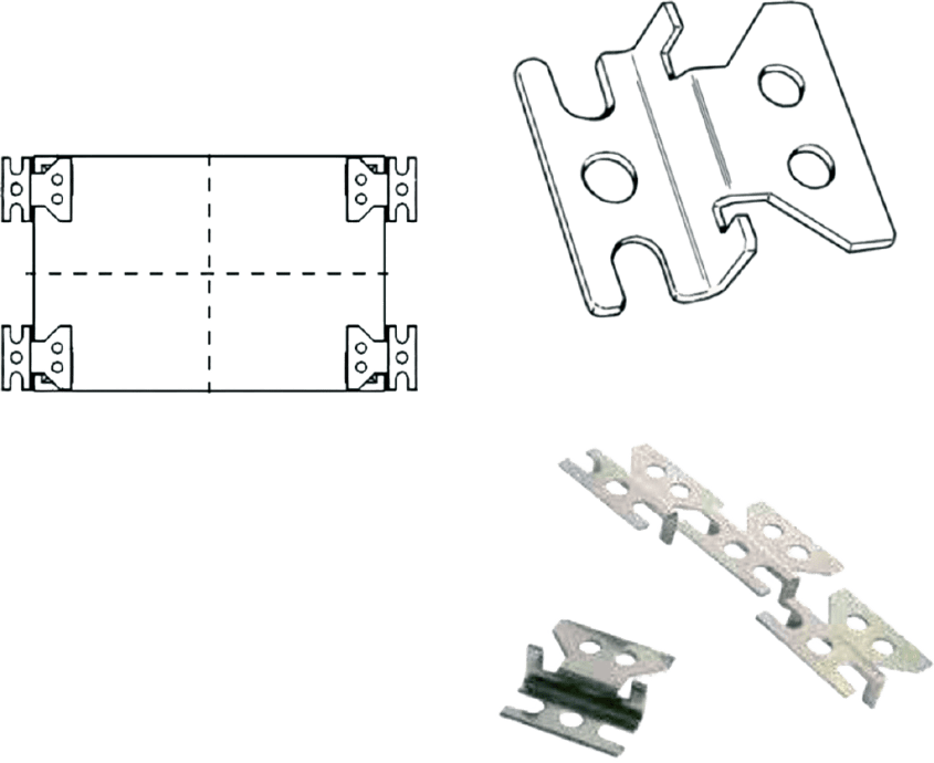 A set of metallic mounting clips, including a chain and a single clip