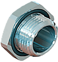 A metallic threaded plug with a black sealing ring