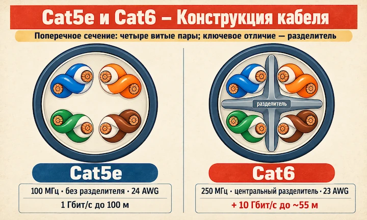 Сравнение внутренней конструкции Cat5e и Cat6